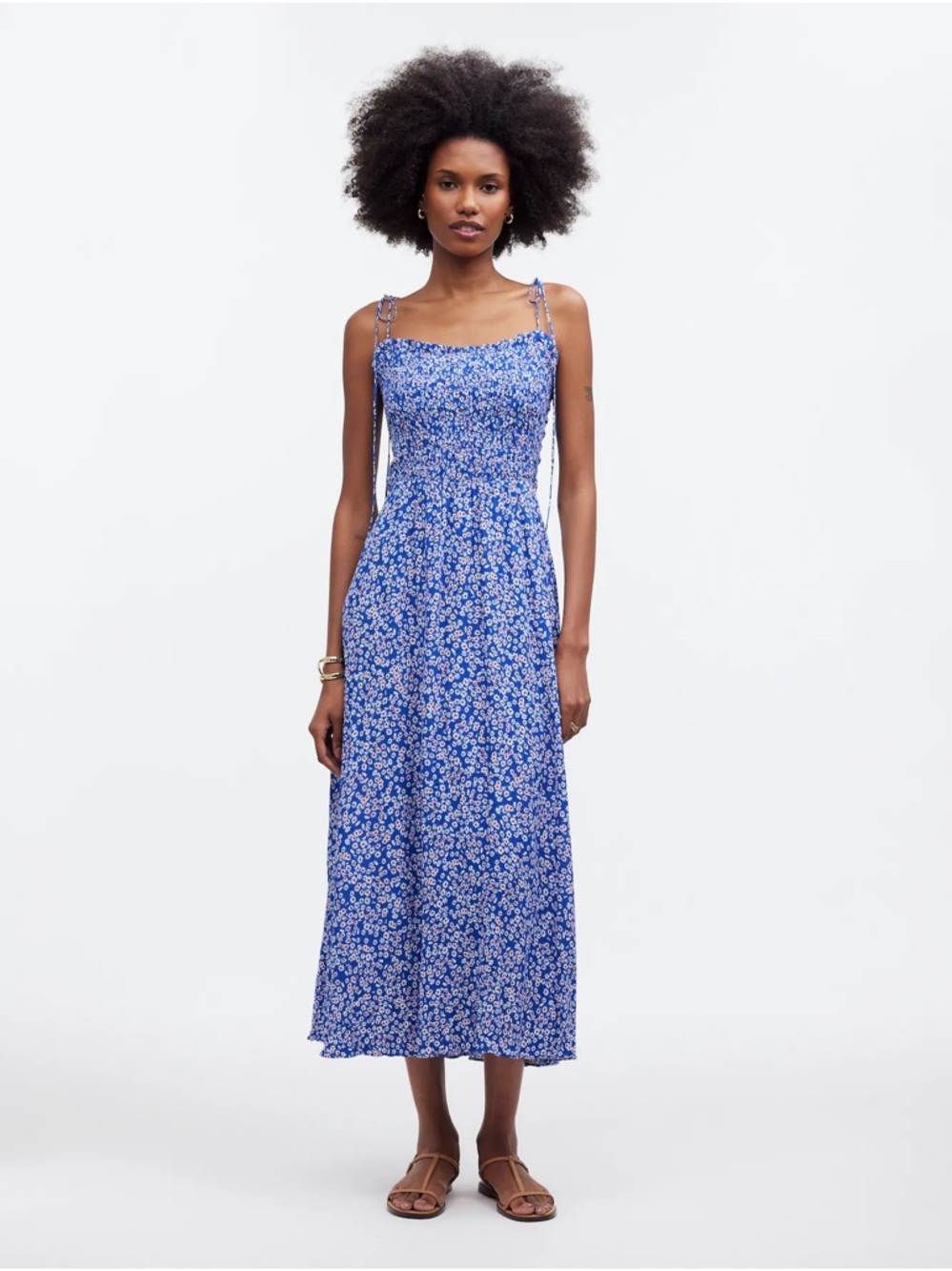 Madewell Blue Floral Smocked Tie-Shoulder Midi Dress in June Blue Patsy Floral